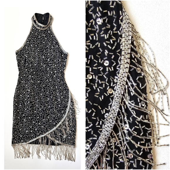 A.J. Bari Dresses & Skirts - A.J. Bari Petites Silk Hand Beaded Fringe Cocktail Dress Black Silver Gatsby 20s